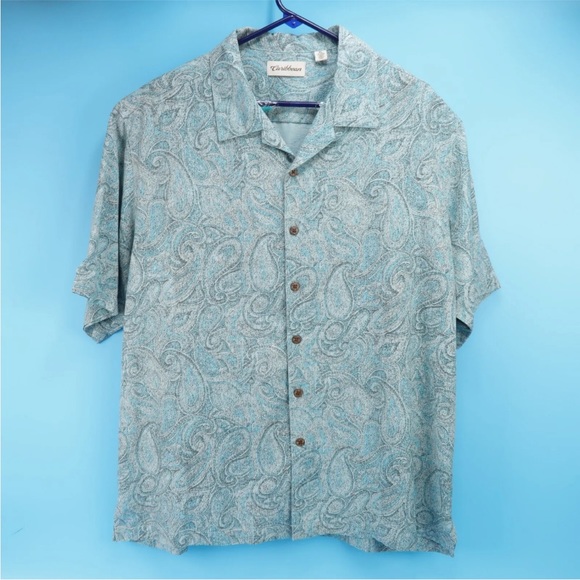 Caribbean Silk Blend Blue Paisley Button Up Shirt Mens Short Sleeve Size XL - Picture 1 of 4